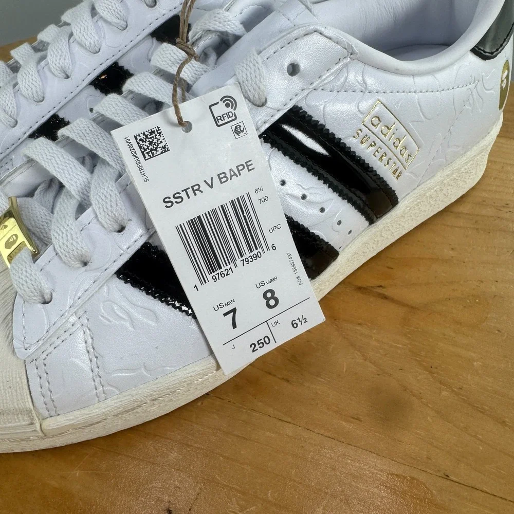 Mens 7 / Womens 8 - Adidas BAPE x Superstar Vintage Shoes White Black Gold NEW